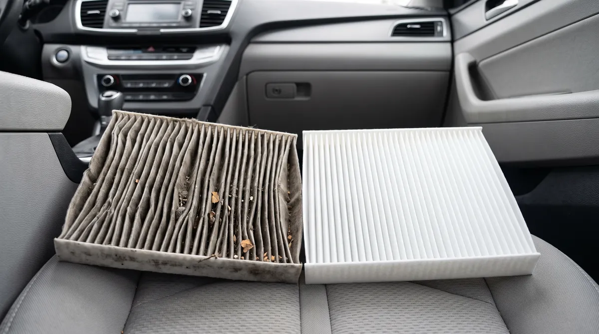 An old clogged cabin air filter next to a new clean one on a car seat