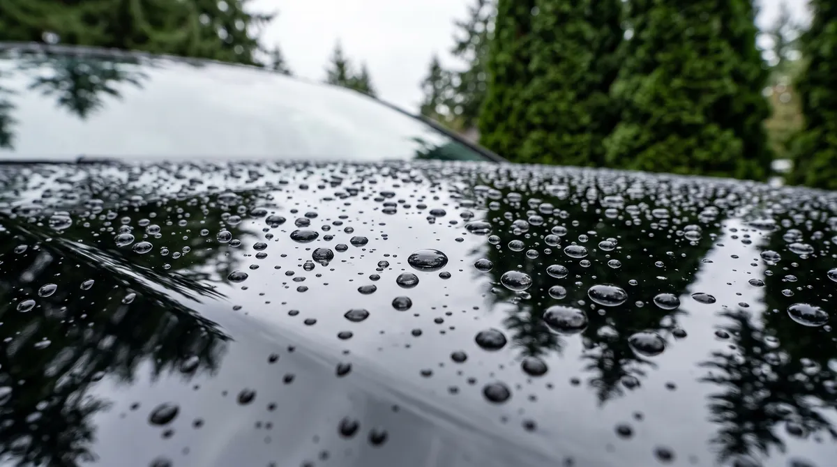 Water beading on a glossy black coated car hood