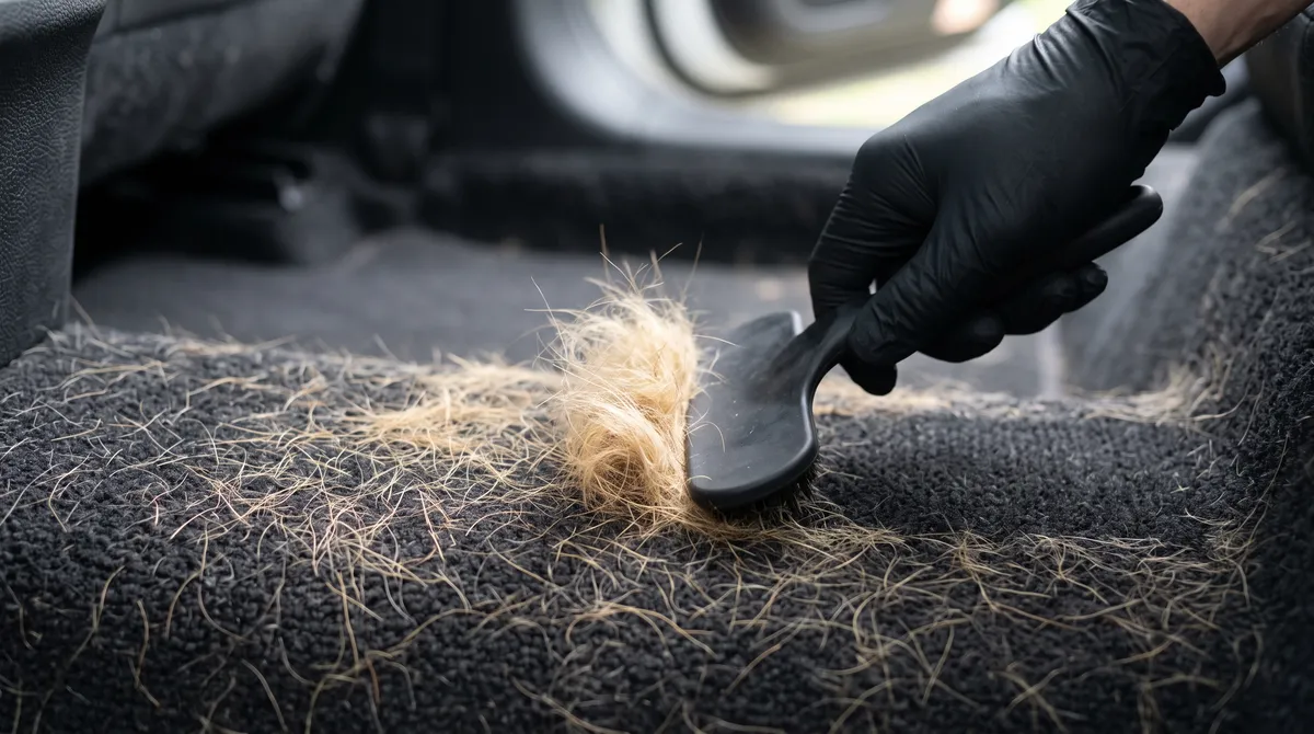 Dog hair being brushed out of a car carpet with a rubber brush